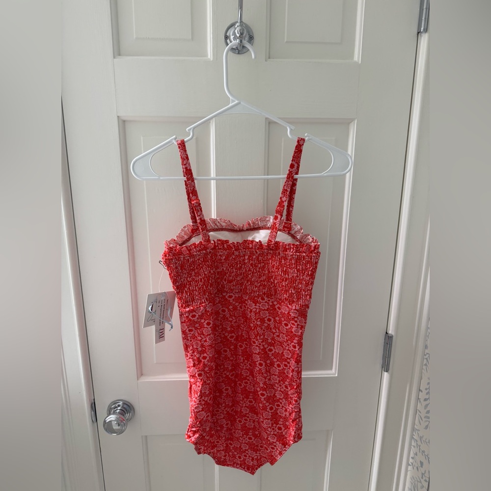 NWT DM Fashion Smocked One Piece Women's Swimsuit - Marigold Cherry Red - SMALL - Picture 3 of 10